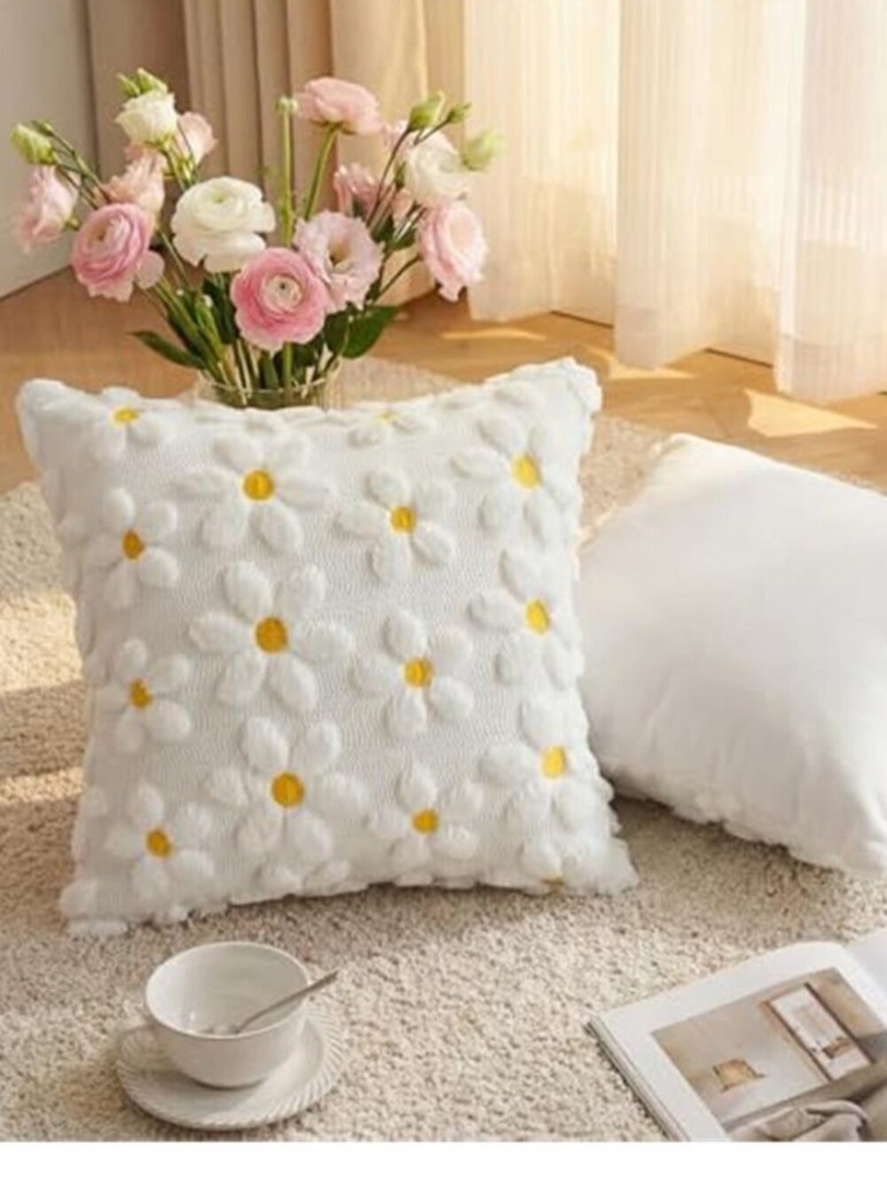 Spring Summer Cream White Daisy Throw Pillow Covers Set of 2, 18x18 - Picture 7 of 7
